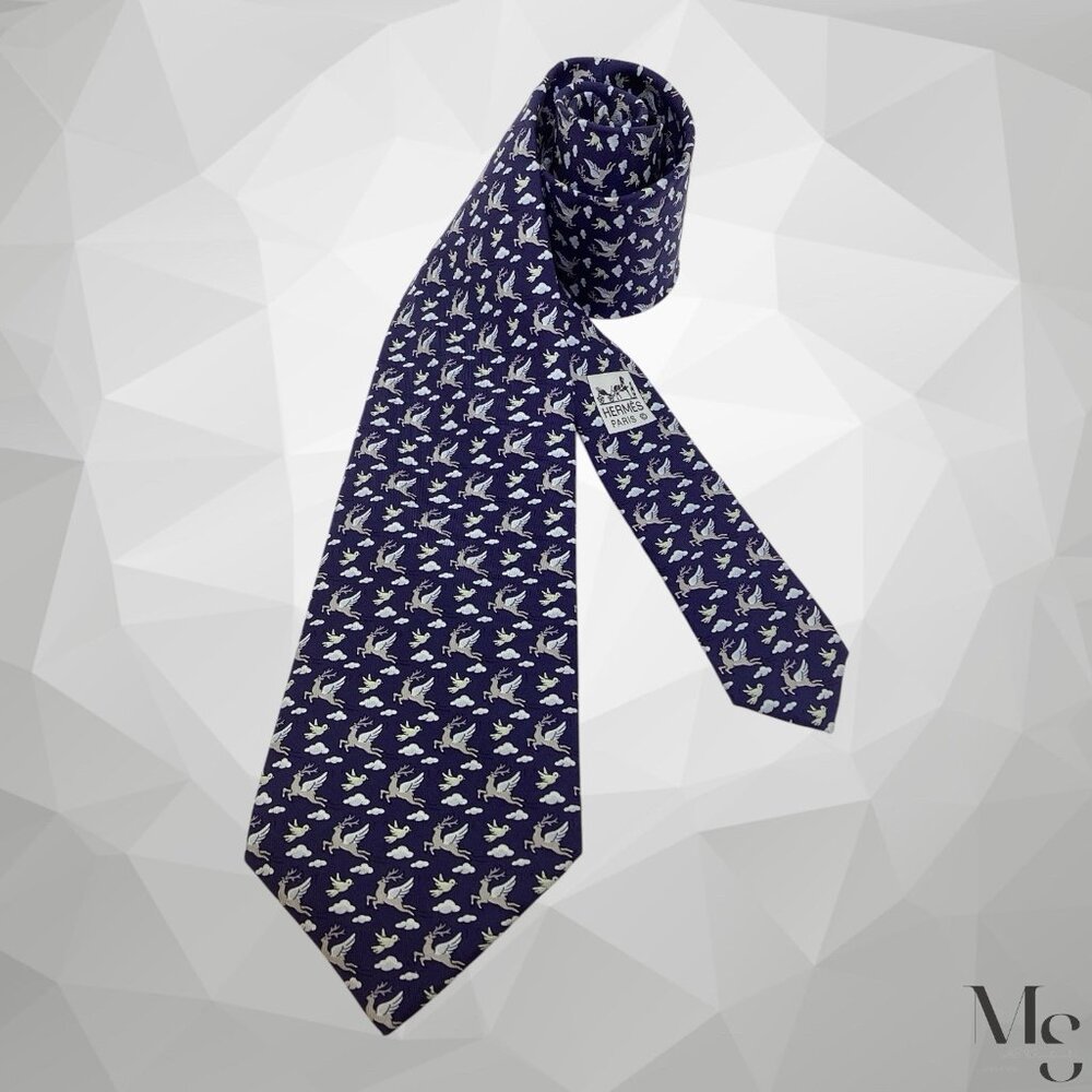 HERMES PARIS 5396 OA Blue Whimsical Flying Reindeer Silk Tie 60”- 3.75" NWT